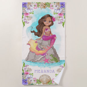 Serviette De Plage Sous la mer Sirène rose et pourpre (peau foncée)