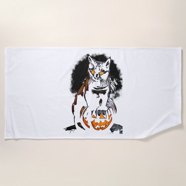 Serviette De Plage Sticker pour chat noir Halloween1 (Devant)