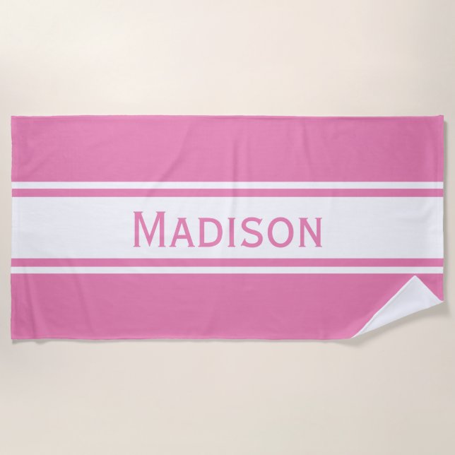 Serviette De Plage Stripes blanches roses solides Nom moderne (Devant)