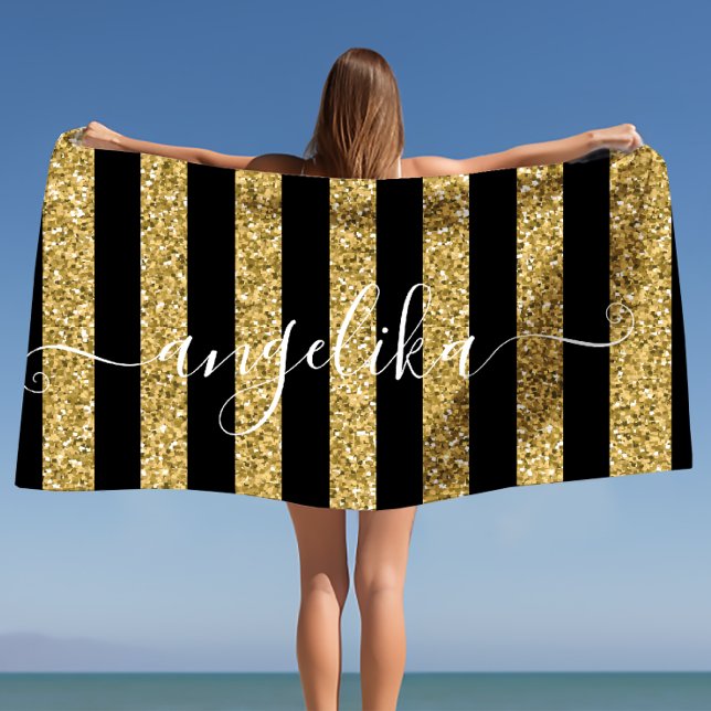 Serviette De Plage Stripes de Parties scintillant noir et or Script N (Black and Gold Glitter Stripes Script Custom Name Beach Towel)