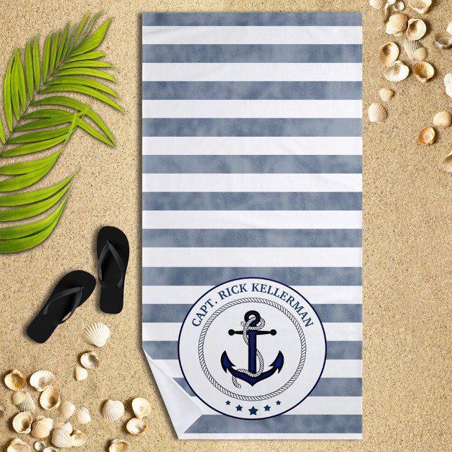 Serviette De Plage Stripes et Ancres de la marine nautique Personnali (Créateur téléchargé)