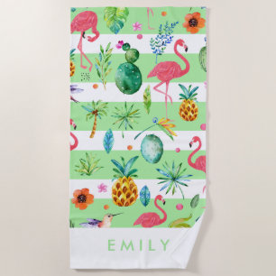 Serviette De Plage Stripes et Motif tropical coloré