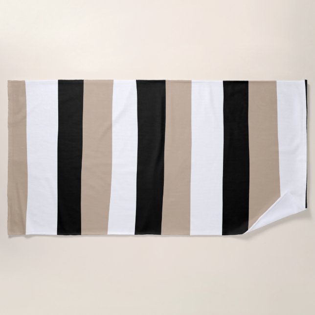 Serviette De Plage Stripes inégales - Taupe, noir et blanc (Devant)
