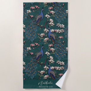 Serviette De Plage Stylé Peacock et Flower Bridesmaid Turquoise