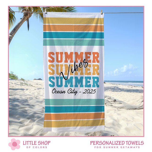 Serviette De Plage Summer Vibes Tropical Stripes Customizable (Créateur téléchargé)