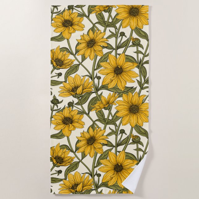 Serviette De Plage Sunroot, tournesol sauvage sur blanc (Devant)