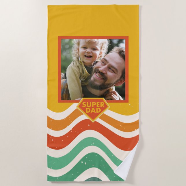 Serviette De Plage Super Papa photo personnalisée avec ondes rétro (Devant)