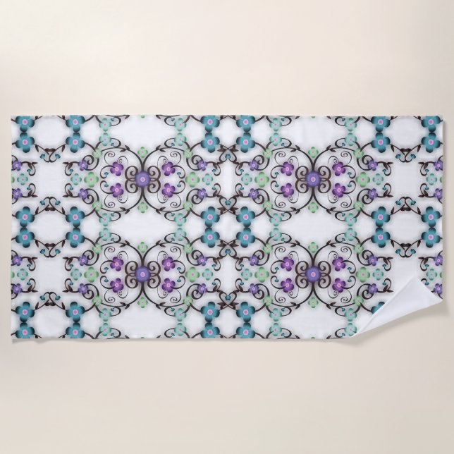Serviette De Plage Superbe motif de lacis de fleurs bleu violet  (Devant)