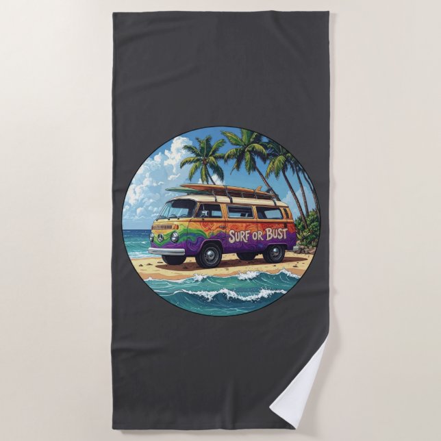Serviette De Plage Surf ou rien | Bus Groovy Rétro Hippie Surfeur (Devant)