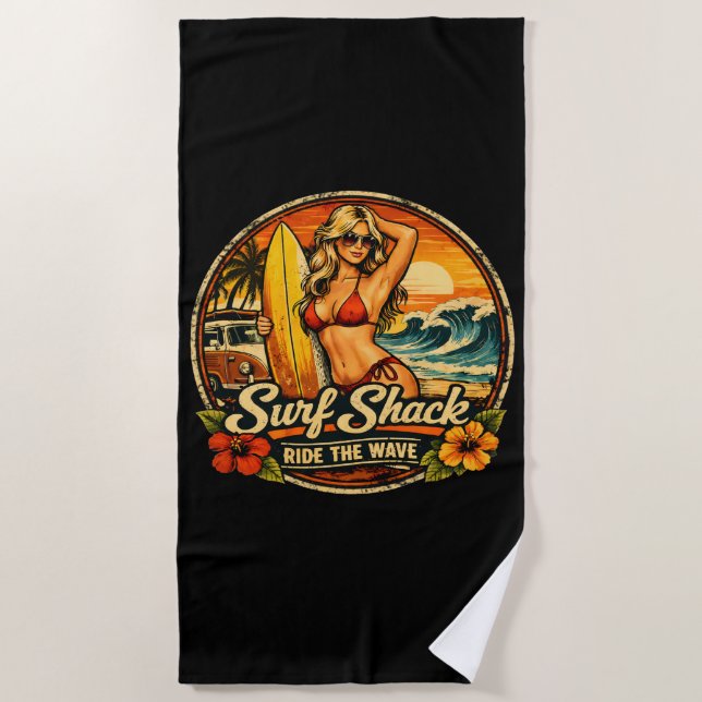 Serviette De Plage Surf Shack Surfer Pin-Up | Ride The Waves Surfing (Devant)