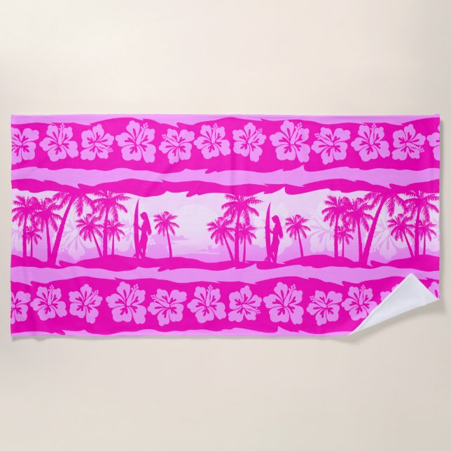 Serviette De Plage Surfer fille avec palmiers (Devant)