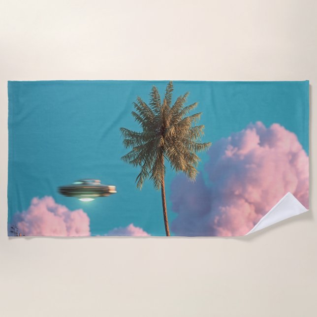 Serviette De Plage Surreal UFO and Palm Tree Mountain Scene (Devant)