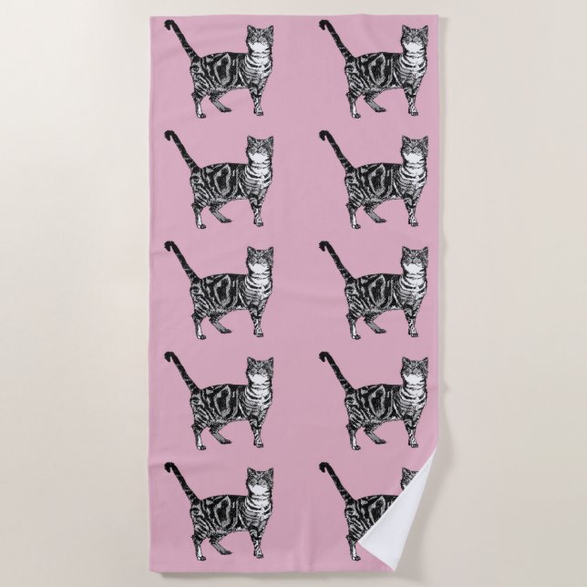 Serviette De Plage Tabby Chat Cute Jolie Filles Roses Chats Aquarelle (Devant)