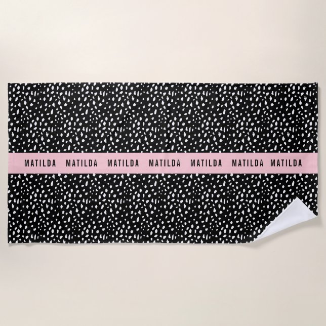 Serviette De Plage Tache noire et blanche avec bande rose personnalis (Devant)