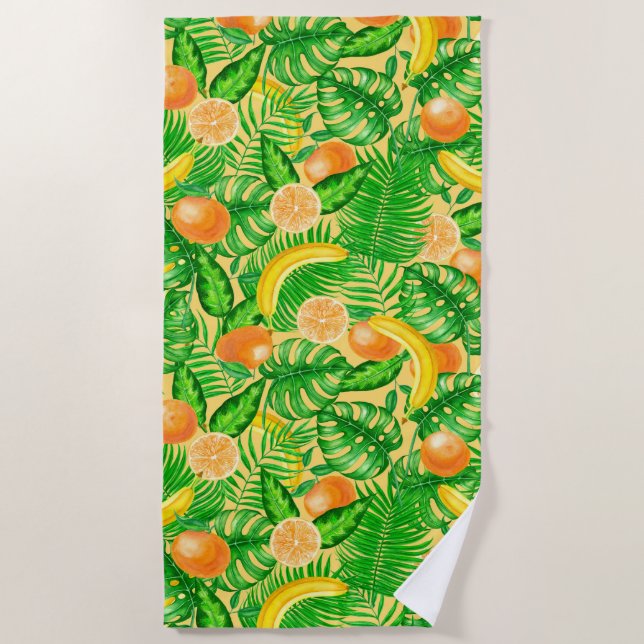 Serviette De Plage Tangerines, bananes et feuilles tropicaux (Devant)