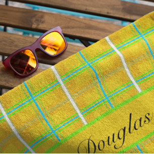 Serviette De Plage Tartan de Douglas jaune et bleu rétro, personnalis