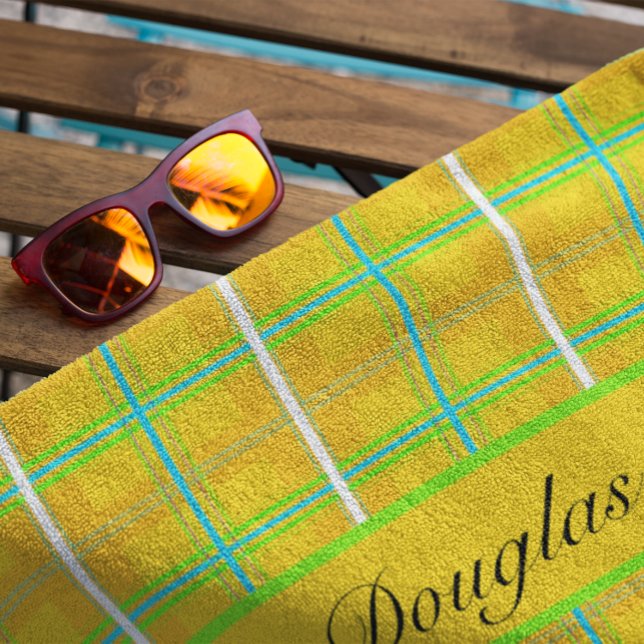 Serviette De Plage Tartan de Douglas jaune et bleu rétro, personnalis (Créateur téléchargé)