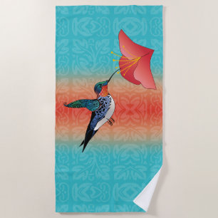 Serviette De Plage Tatouage Colibri Rouge hibiscus Fleur Turquoise