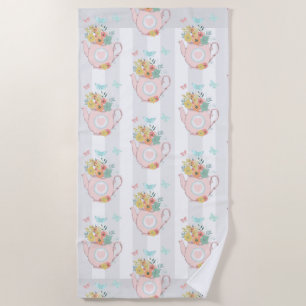 Serviette De Plage Teapot rose avec Fleurs et Papillons Motif