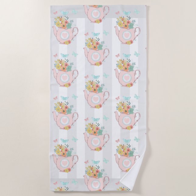 Serviette De Plage Teapot rose avec Fleurs et Papillons Motif (Devant)