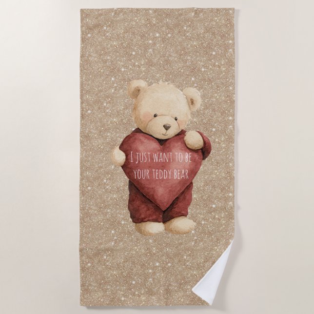 Serviette De Plage Teddy Bear Red Heart Gold Glitter (Devant)