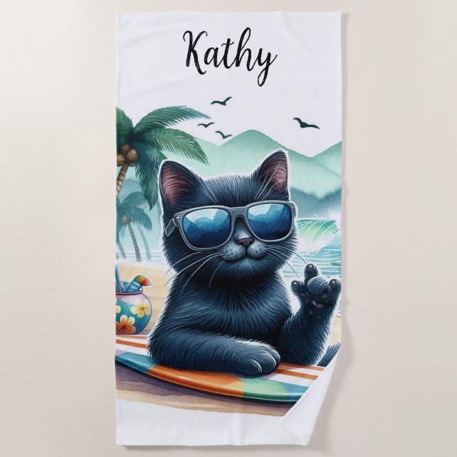 Serviette De Plage Temps de plage Chat noir personnalisé cool  (Devant)
