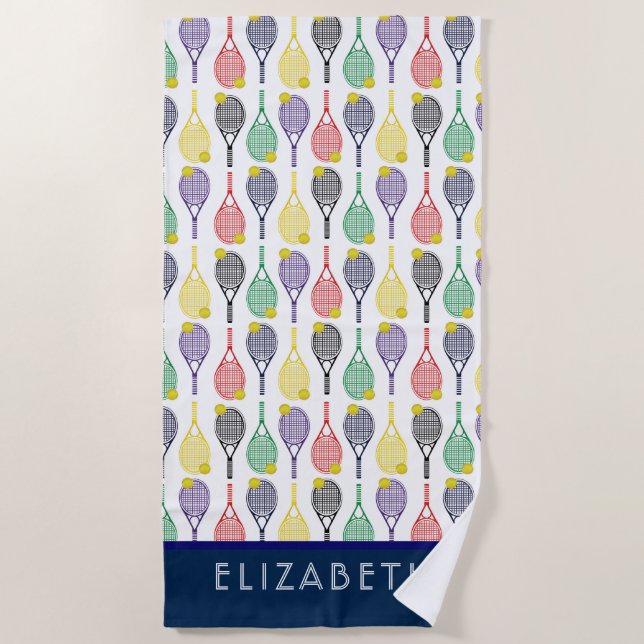 Serviette De Plage Tennis Nom ou monogramme personnalisé multicolore (Devant)
