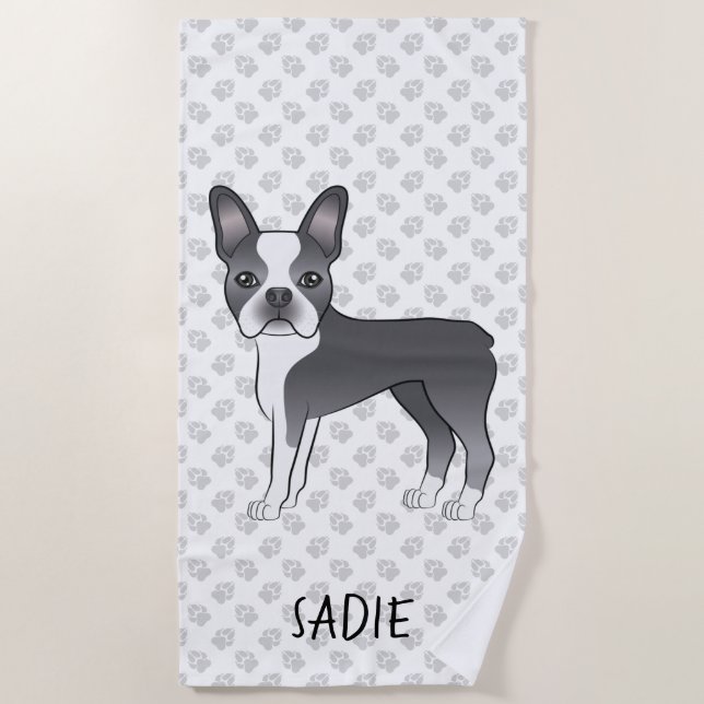 Serviette De Plage Terrier de Boston bleu et blanc, chien de dessin a (Devant)