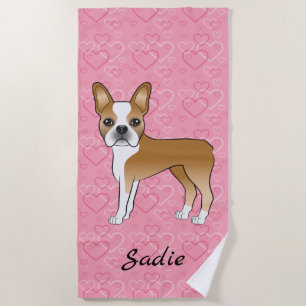 Serviette De Plage Tervueren Boston Terrier Chien Sur Coeurs Roses Et