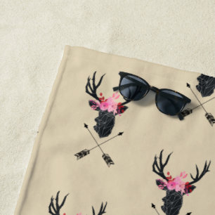 Serviette De Plage Tête de cerf géométrique avec fleurs et flèches cr