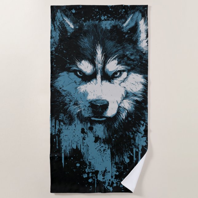 Serviette De Plage Tête de Husky Loup Grunge (Devant)