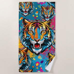 Serviette De Plage Tête de tigre couleurs arc-en-ciel peinture taches