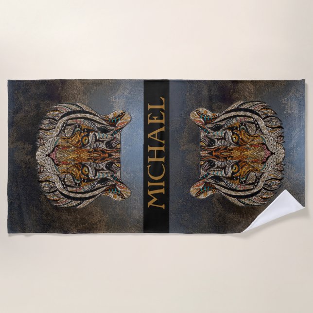 Serviette De Plage Tête de tigre, visage, aspect cuir  (Devant)