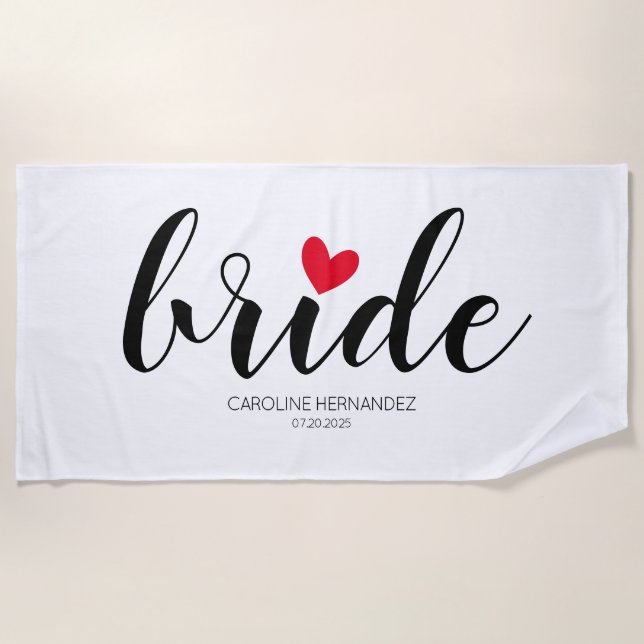 Serviette De Plage Texte simple de mariée avec personnalisation de cœ (Devant)