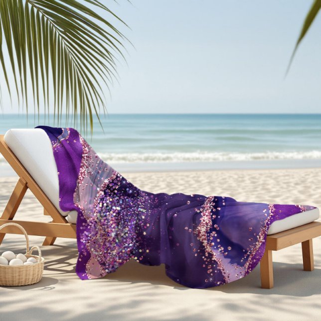 Serviette De Plage Texture d'agate scintillante violette (Créateur téléchargé)
