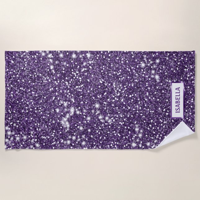 Serviette De Plage Texture de paillettes violettes fausses avec nom p (Devant)