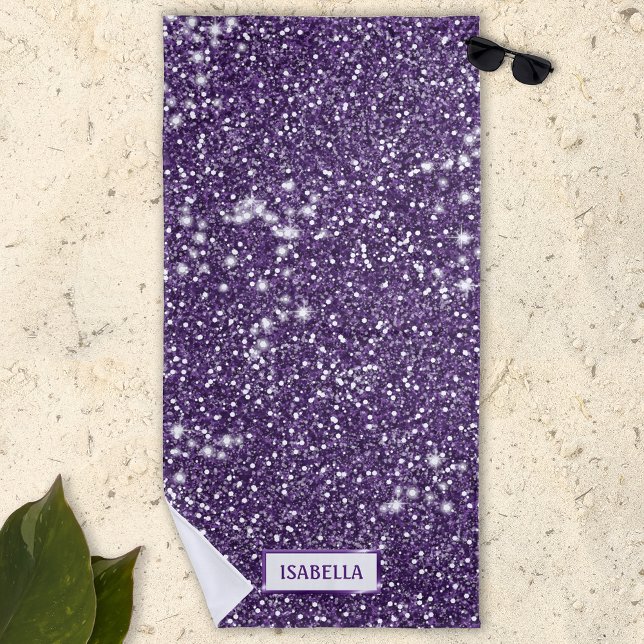 Serviette De Plage Texture de paillettes violettes fausses avec nom p (Créateur téléchargé)