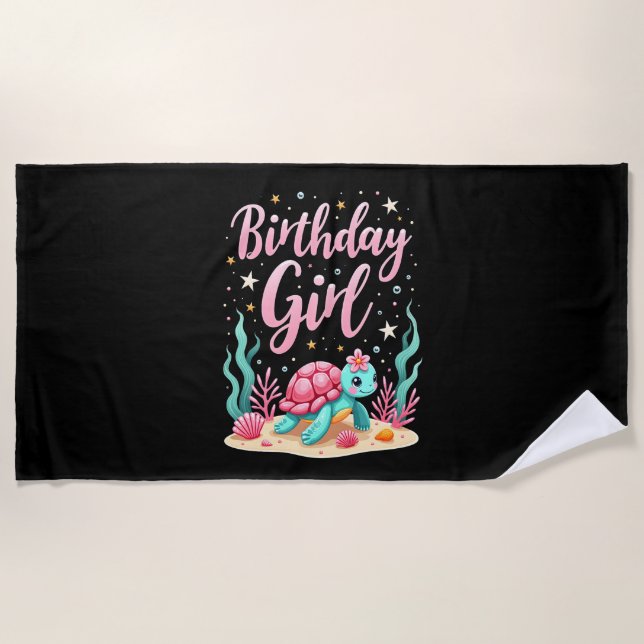 Serviette De Plage Thème de fête d'anniversaire Tortue de mer Fille d (Devant)