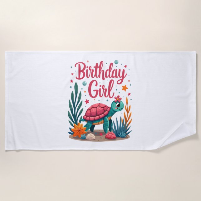 Serviette De Plage Thème de fête d'anniversaire Tortue de mer Fille d (Devant)