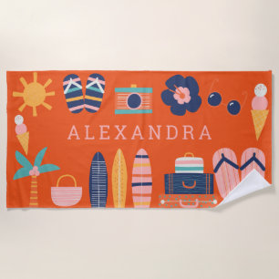 Serviette De Plage Thème de voyage estival Mignon Orange Personnalisé