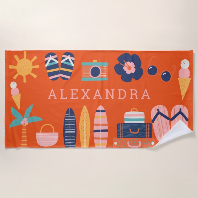 Serviette De Plage Thème de voyage estival Mignon Orange Personnalisé (Devant)
