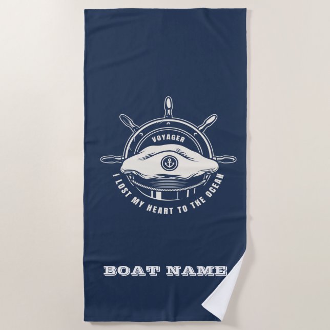 Serviette De Plage Thème nautique nom de bateau bleu marine  (Devant)