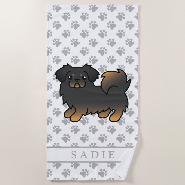 Serviette De Plage Tibétain Spaniel noir et feu Chien mignon & nom (Devant)