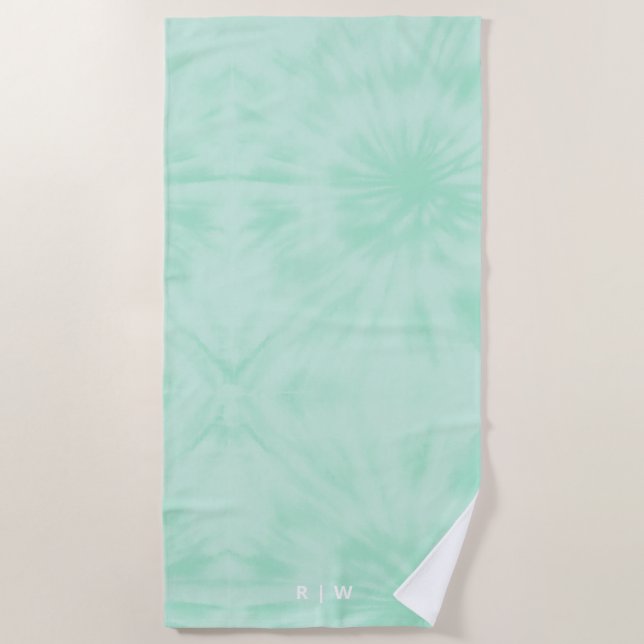 Serviette De Plage Tie Dye | Monogramme vert de menthe pastel (Devant)