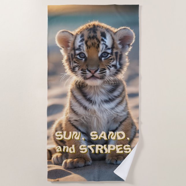 Serviette De Plage Tiger Cub "SOLEIL, SABLE ET STRIPES" (Devant)