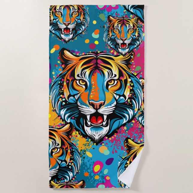 Serviette De Plage Tiger Head Rainbow colors paint stains (Devant)