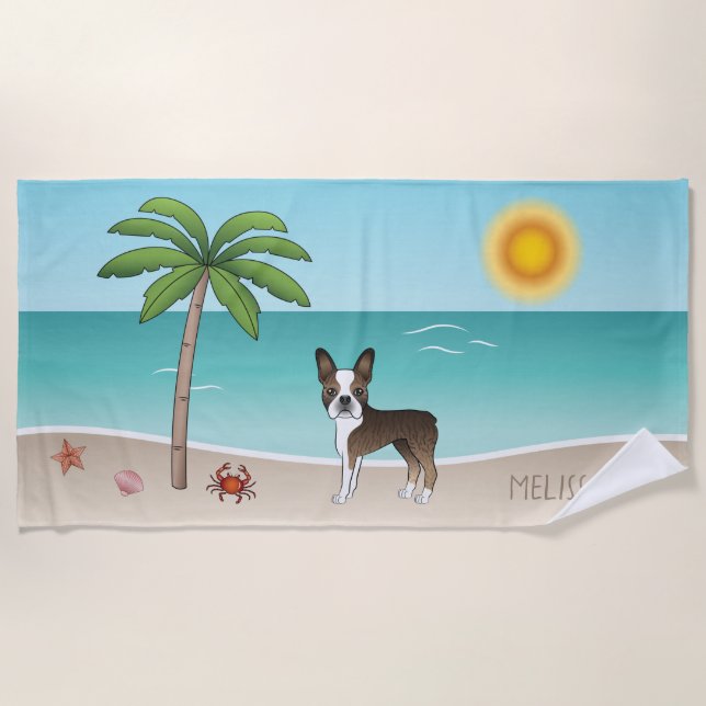 Serviette De Plage Tigre Boston Terrier sur une plage tropicale d'été (Devant)