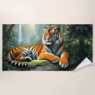 Serviette De Plage Tigre se prélassant dans la jungle avec cascade