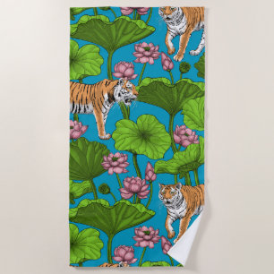 Serviette De Plage Tigres dans l'étang rose lotus
