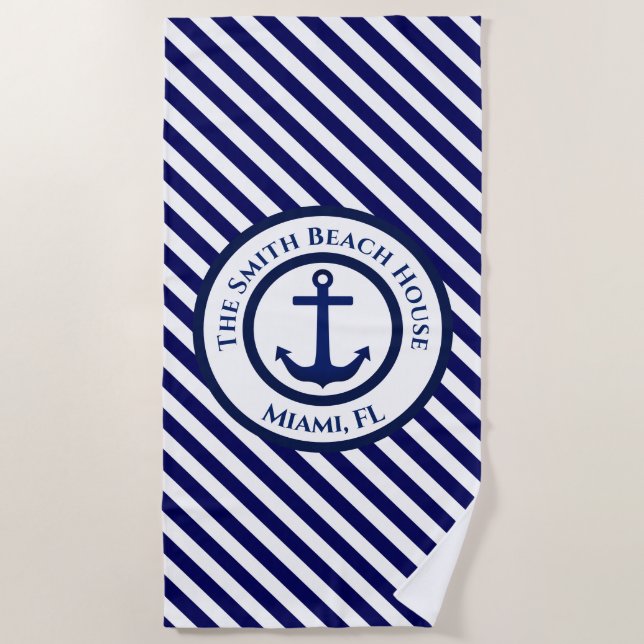Serviette De Plage Timbre Ancre et bandes diagonales personnalisés (Devant)